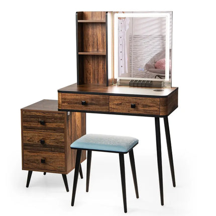 Vanity Makeup Table Set with Lighted Mirror-Brown - Brown - Makeup Vanities