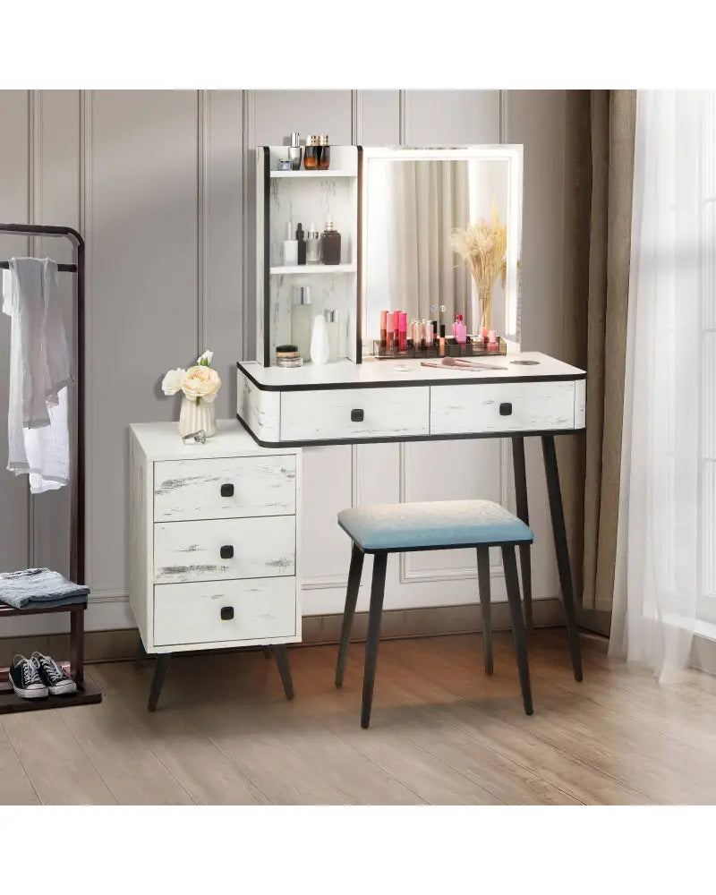 Vanity Makeup Table Set with Lighted Mirror-White - White - Makeup Vanities