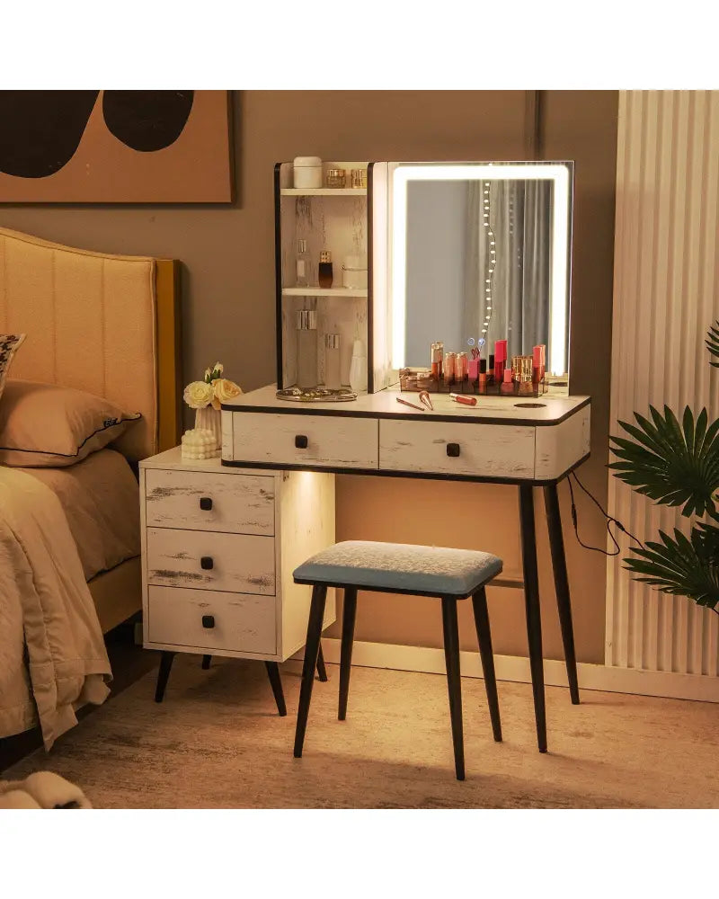 Vanity Makeup Table Set with Lighted Mirror-White - White - Makeup Vanities
