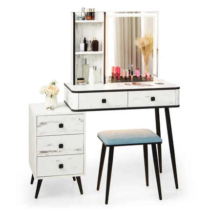 Vanity Makeup Table Set with Lighted Mirror-White - White - Makeup Vanities