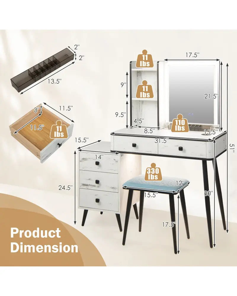 Vanity Makeup Table Set with Lighted Mirror-White - White - Makeup Vanities