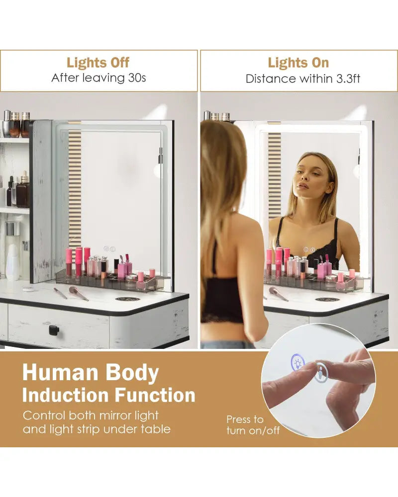 Vanity Makeup Table Set with Lighted Mirror-White - White - Makeup Vanities