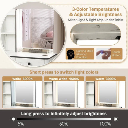 Vanity Makeup Table Set with Lighted Mirror-White - White - Makeup Vanities