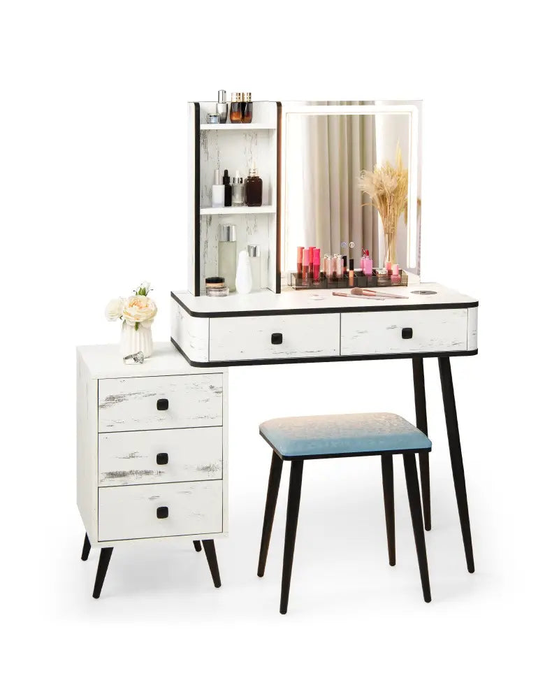 Vanity Makeup Table Set with Lighted Mirror-White - White - Makeup Vanities