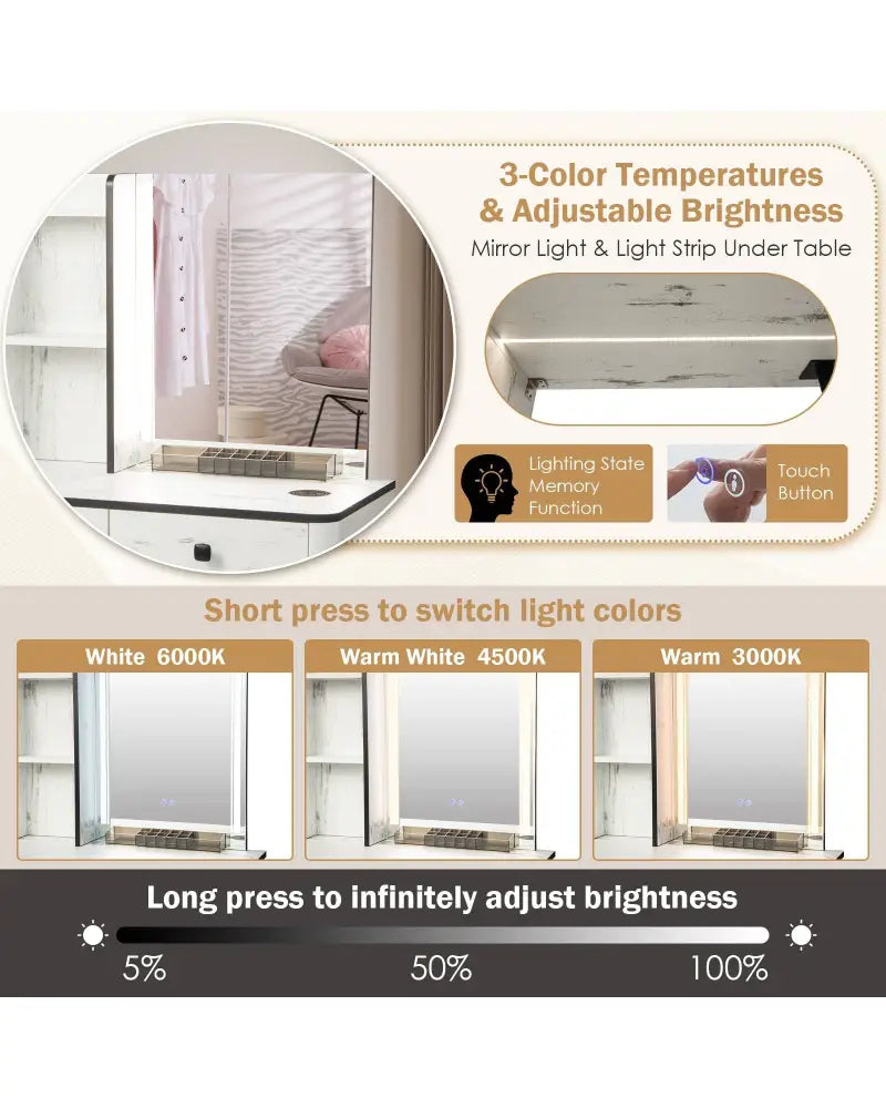 Vanity Makeup Table Set with Lighted Mirror-White - White - Makeup Vanities