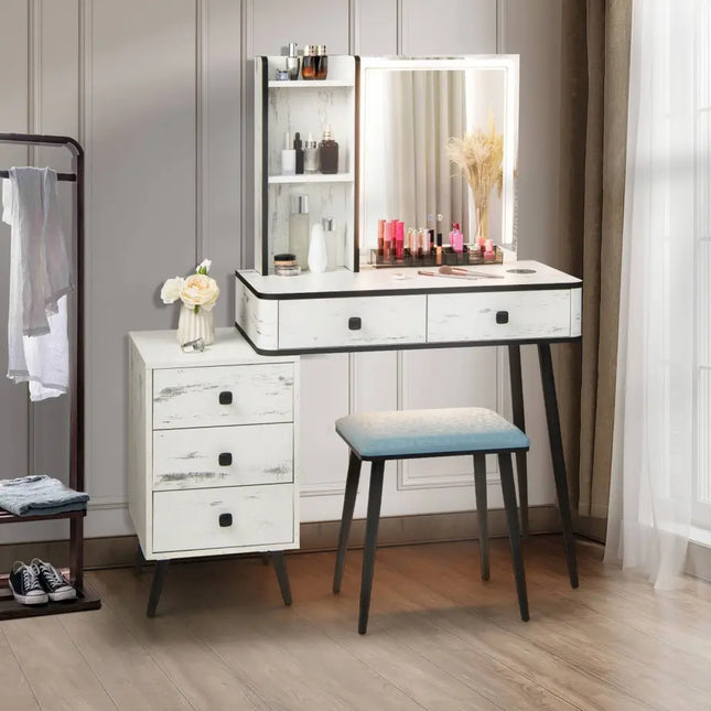 Vanity Makeup Table Set with Lighted Mirror-White - White - Makeup Vanities
