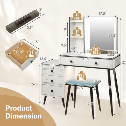 Vanity Makeup Table Set with Lighted Mirror-White - White - Makeup Vanities