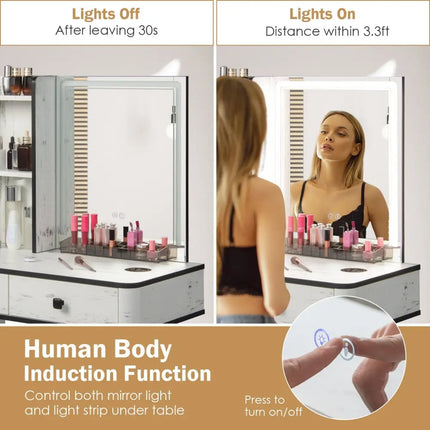 Vanity Makeup Table Set with Lighted Mirror-White - White - Makeup Vanities