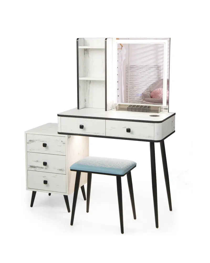 Vanity Makeup Table Set with Lighted Mirror-White - White - Makeup Vanities