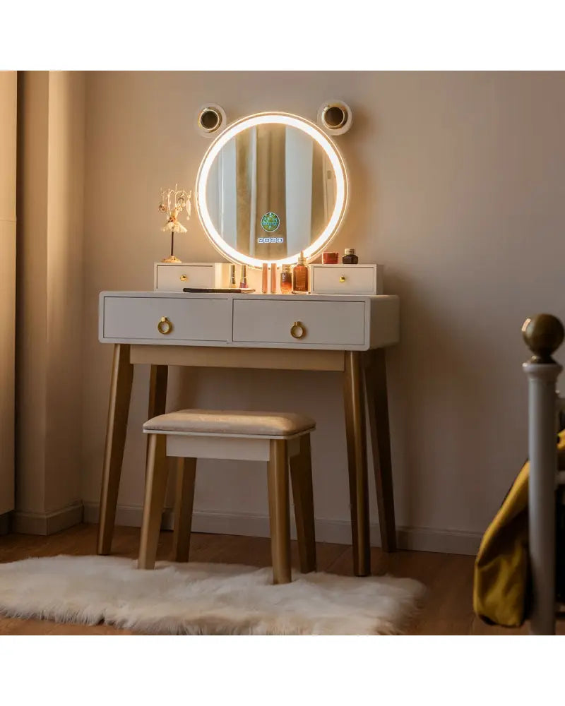 Vanity Set with 3-Color Lighted Touch Screen Dimming Mirror and 4 Drawers - White - Makeup Vanities