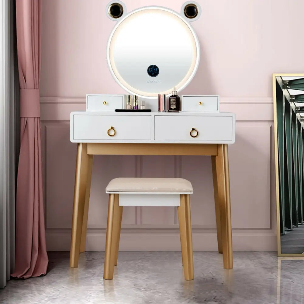 Vanity Set with 3-Color Lighted Touch Screen Dimming Mirror and 4 Drawers - White - Makeup Vanities