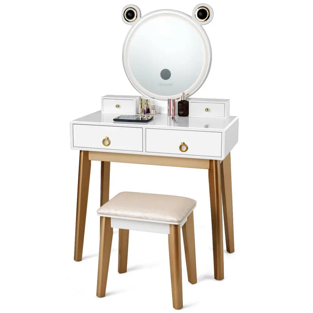 Vanity Set with 3-Color Lighted Touch Screen Dimming Mirror and 4 Drawers - White - Makeup Vanities