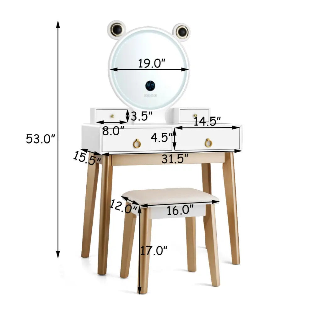 Vanity Set with 3-Color Lighted Touch Screen Dimming Mirror and 4 Drawers - White - Makeup Vanities