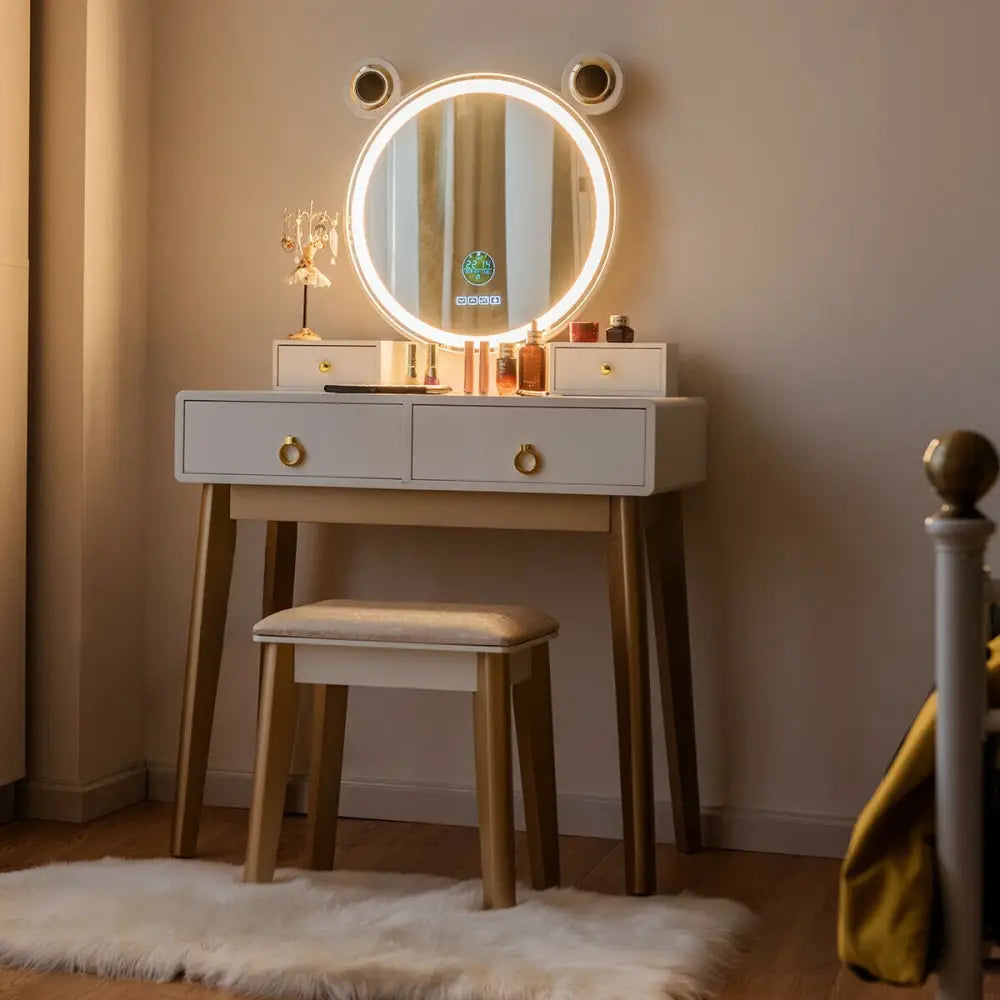 Vanity Set with 3-Color Lighted Touch Screen Dimming Mirror and 4 Drawers - White - Makeup Vanities