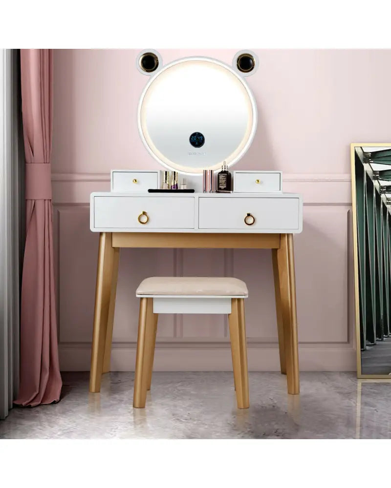 Vanity Set with 3-Color Lighted Touch Screen Dimming Mirror and 4 Drawers - White - Makeup Vanities