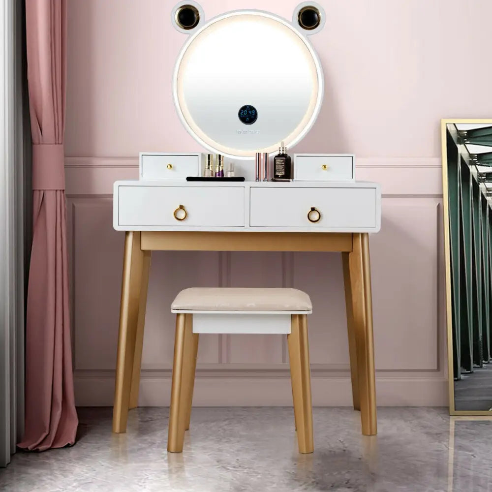 Vanity Set with 3-Color Lighted Touch Screen Dimming Mirror and 4 Drawers - White - Makeup Vanities