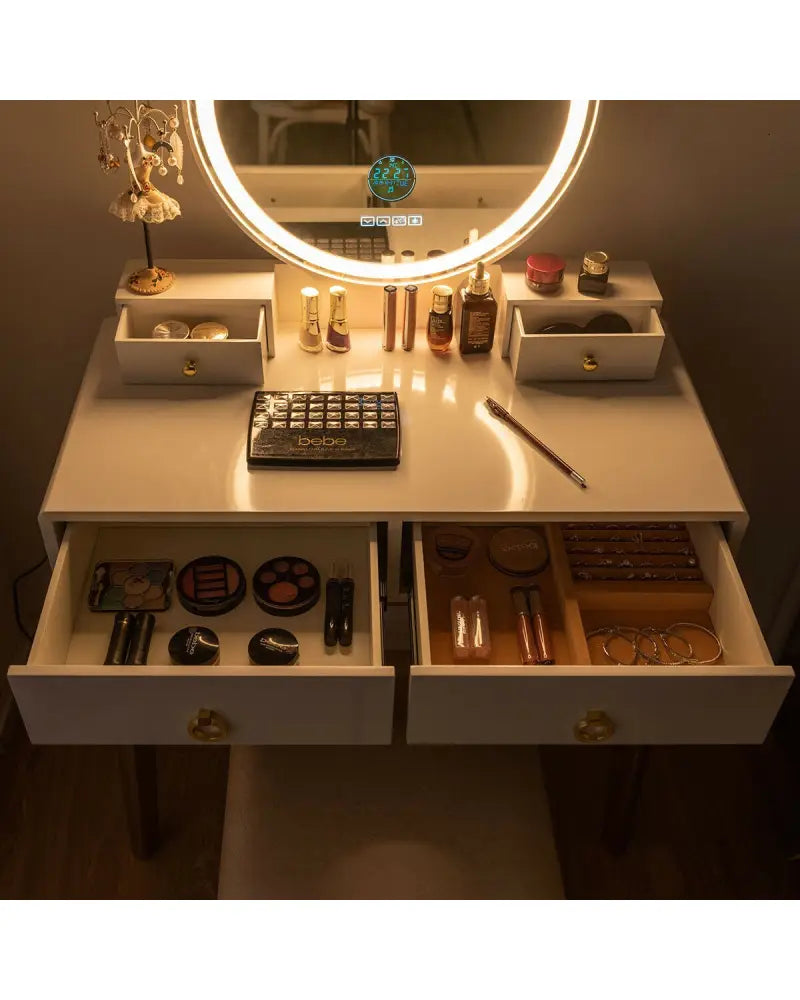 Vanity Set with 3-Color Lighted Touch Screen Dimming Mirror and 4 Drawers - White - Makeup Vanities