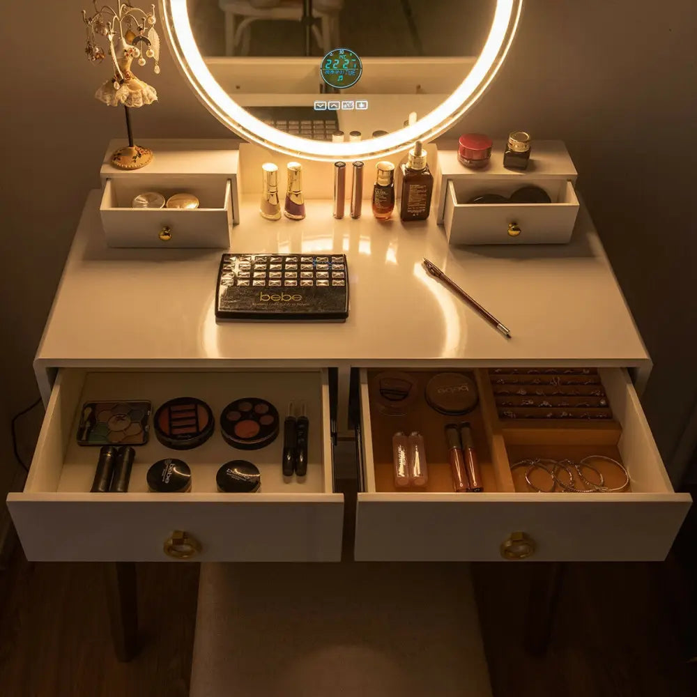 Vanity Set with 3-Color Lighted Touch Screen Dimming Mirror and 4 Drawers - White - Makeup Vanities