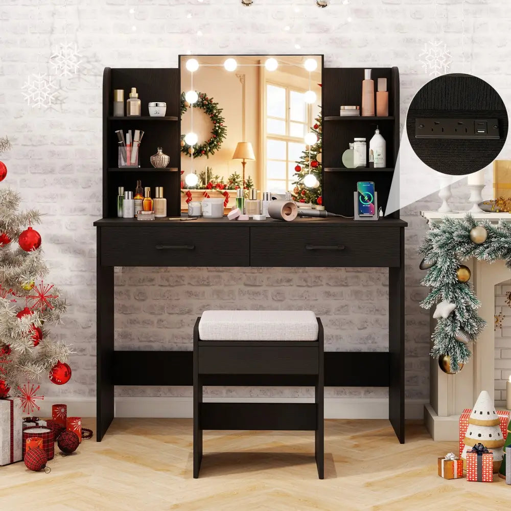 Vanity Set with Lighted Mirror and Stool with Power Outlet-Black - Black - Makeup Vanities
