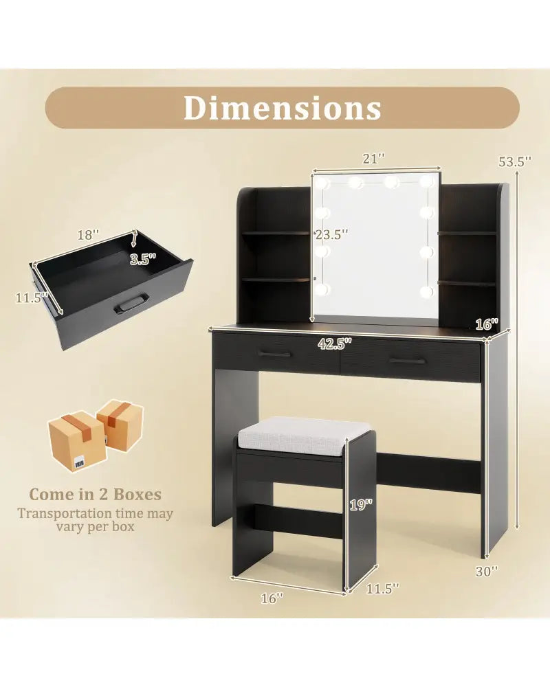 Vanity Set with Lighted Mirror and Stool with Power Outlet-Black - Black - Makeup Vanities