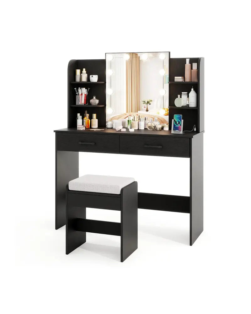 Vanity Set with Lighted Mirror and Stool with Power Outlet-Black - Black - Makeup Vanities