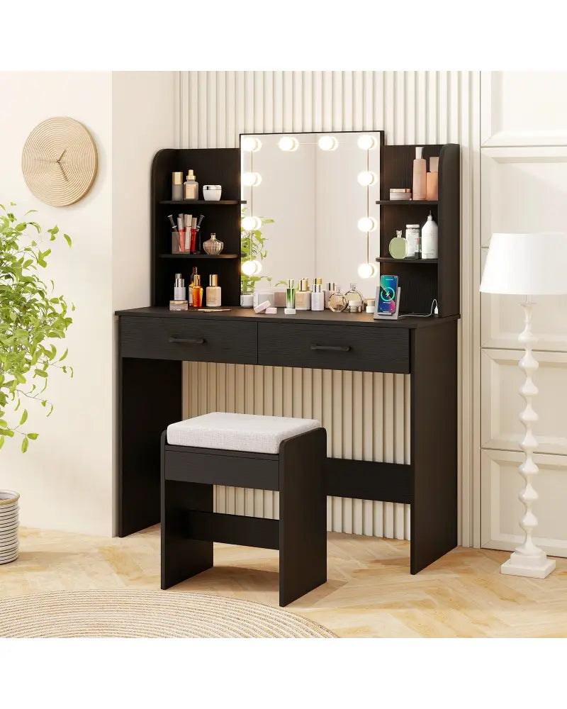 Vanity Set with Lighted Mirror and Stool with Power Outlet-Black - Black - Makeup Vanities