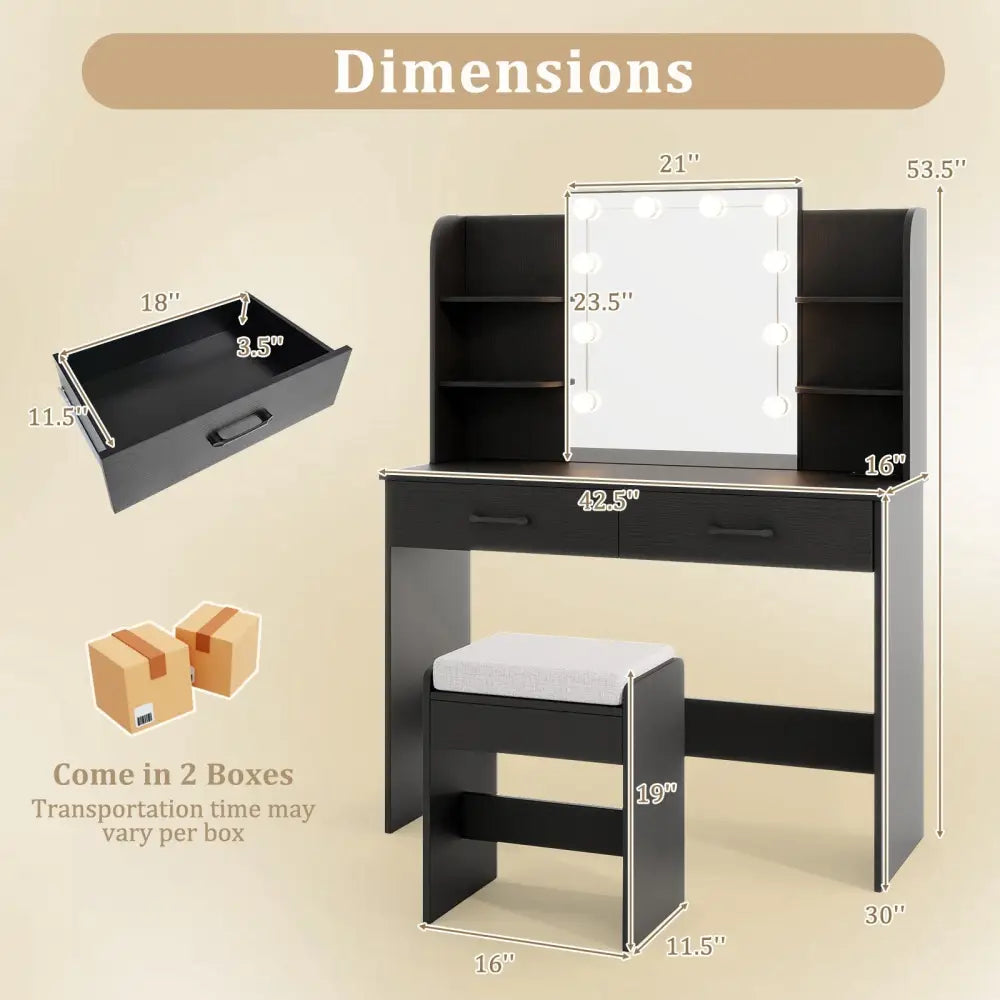 Vanity Set with Lighted Mirror and Stool with Power Outlet-Black - Black - Makeup Vanities