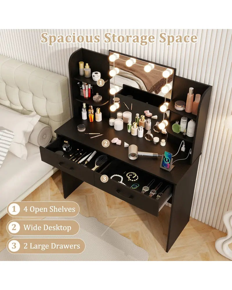 Vanity Set with Lighted Mirror and Stool with Power Outlet-Black - Black - Makeup Vanities