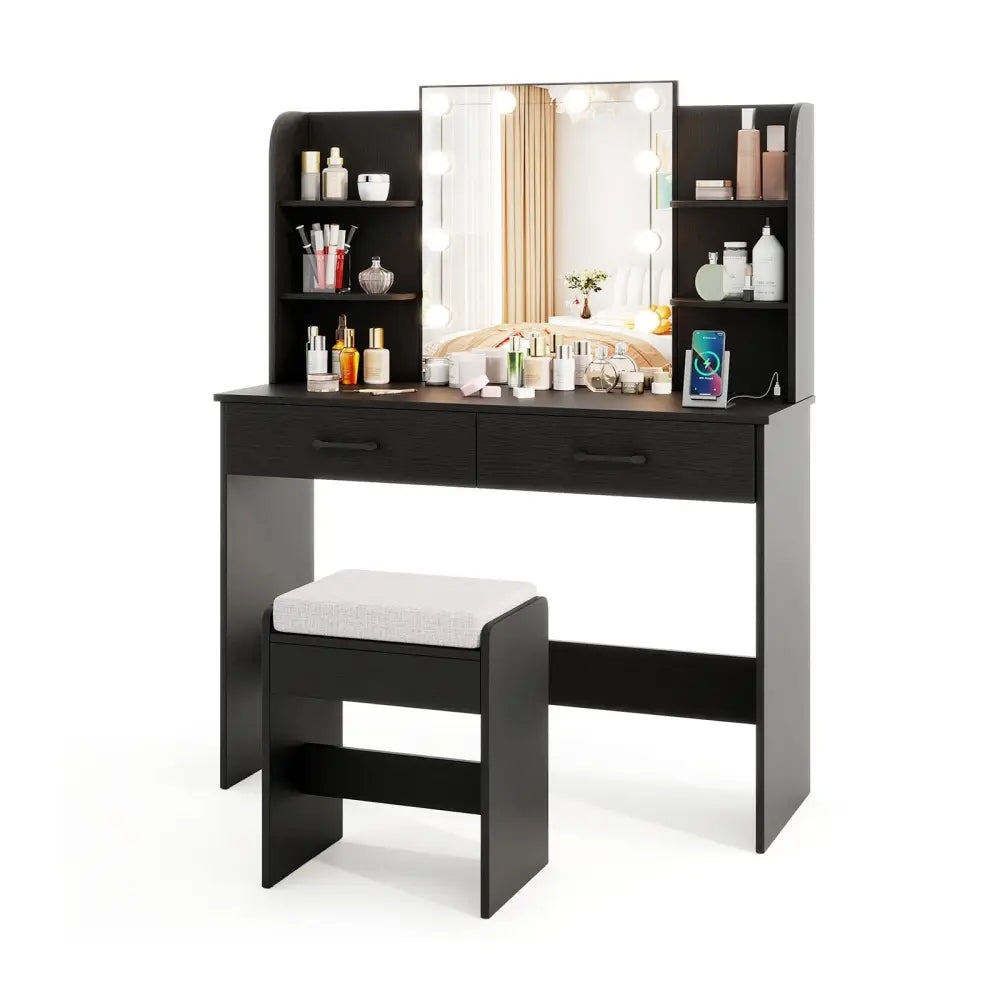 Vanity Set with Lighted Mirror and Stool with Power Outlet-Black - Black - Makeup Vanities