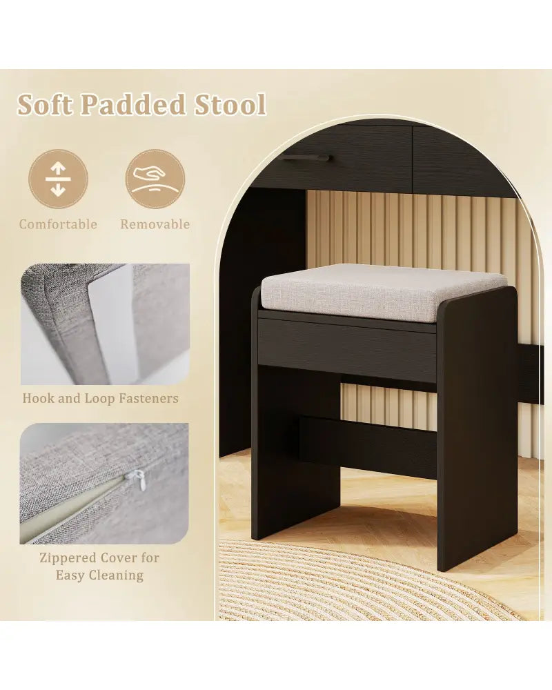 Vanity Set with Lighted Mirror and Stool with Power Outlet-Black - Black - Makeup Vanities