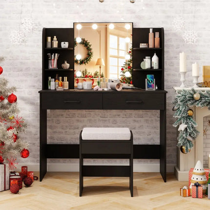 Vanity Set with Lighted Mirror and Stool with Power Outlet-Black - Black - Makeup Vanities