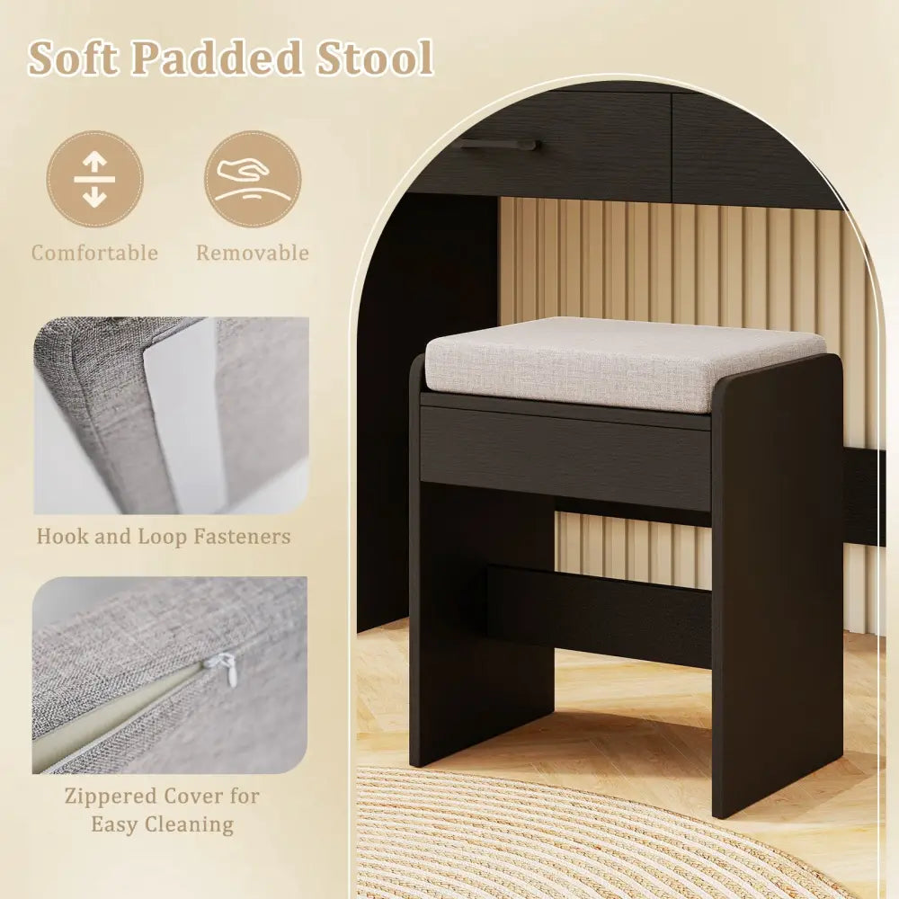 Vanity Set with Lighted Mirror and Stool with Power Outlet-Black - Black - Makeup Vanities