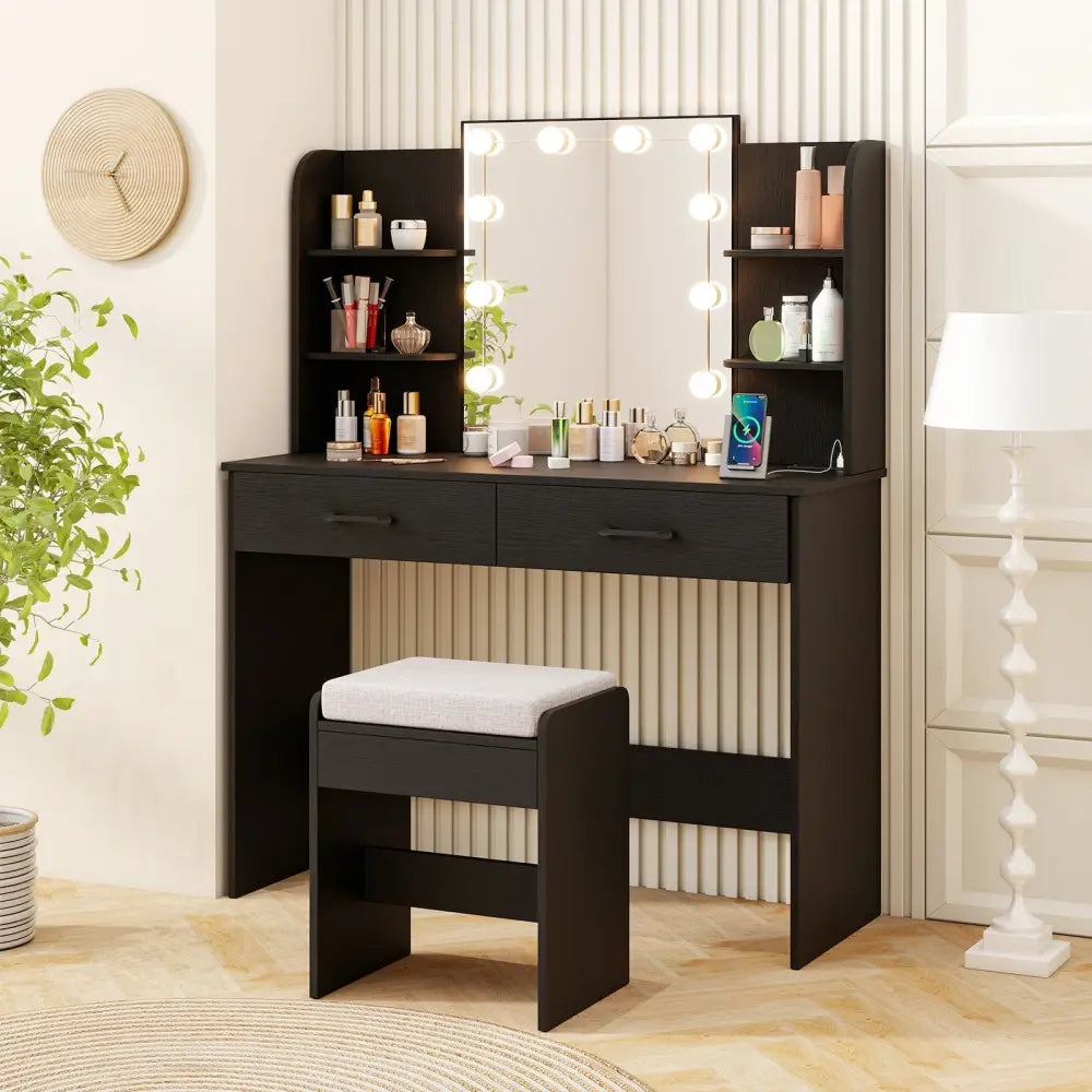 Vanity Set with Lighted Mirror and Stool with Power Outlet-Black - Black - Makeup Vanities