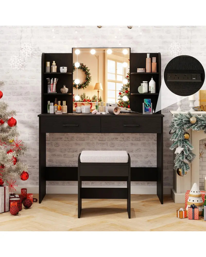 Vanity Set with Lighted Mirror and Stool with Power Outlet-Black - Black - Makeup Vanities