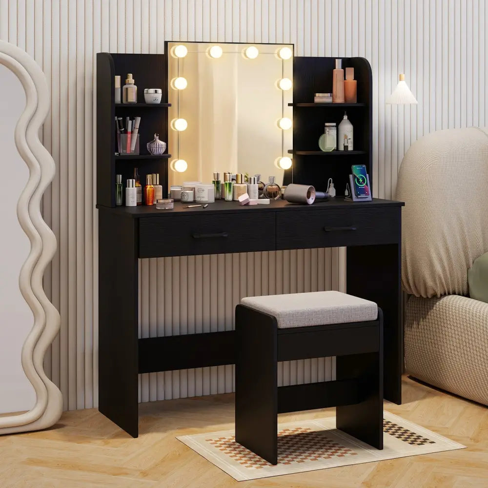Vanity Set with Lighted Mirror and Stool with Power Outlet-Black - Black - Makeup Vanities