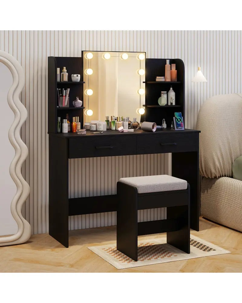Vanity Set with Lighted Mirror and Stool with Power Outlet-Black - Black - Makeup Vanities
