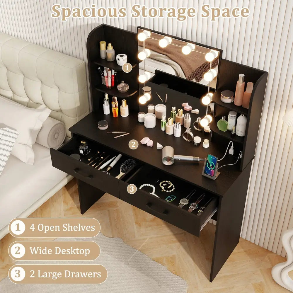Vanity Set with Lighted Mirror and Stool with Power Outlet-Black - Black - Makeup Vanities