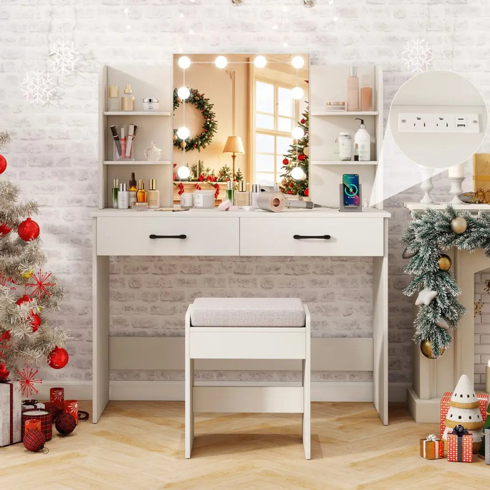 Vanity Set with Lighted Mirror and Stool with Power Outlet-White - White - Makeup Vanities