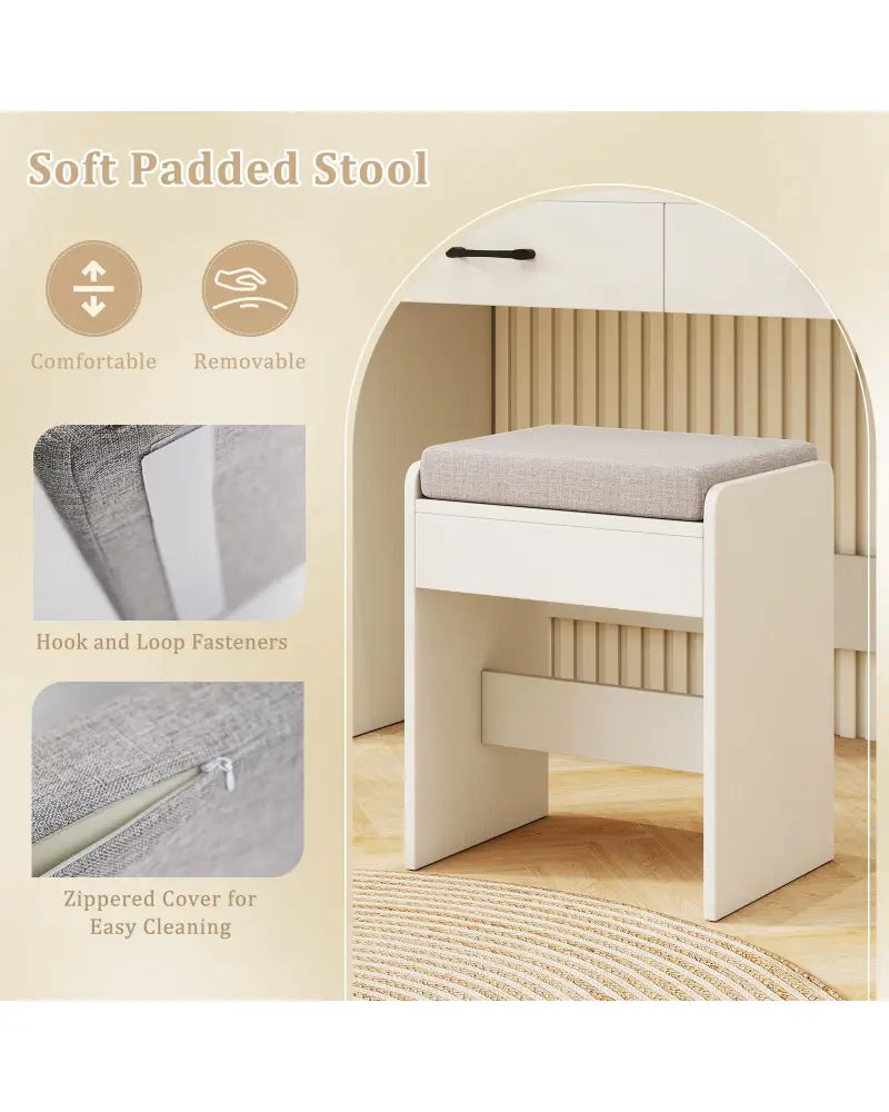 Vanity Set with Lighted Mirror and Stool with Power Outlet-White - White - Makeup Vanities