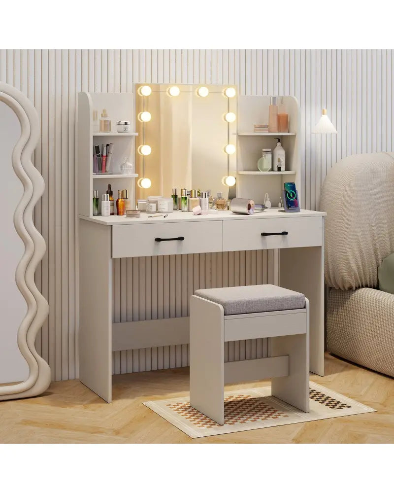 Vanity Set with Lighted Mirror and Stool with Power Outlet-White - White - Makeup Vanities