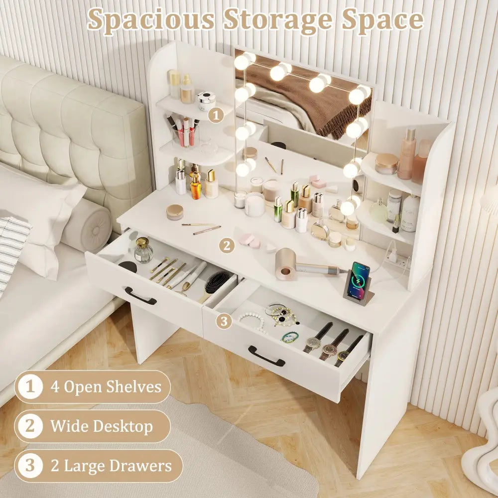 Vanity Set with Lighted Mirror and Stool with Power Outlet-White - White - Makeup Vanities