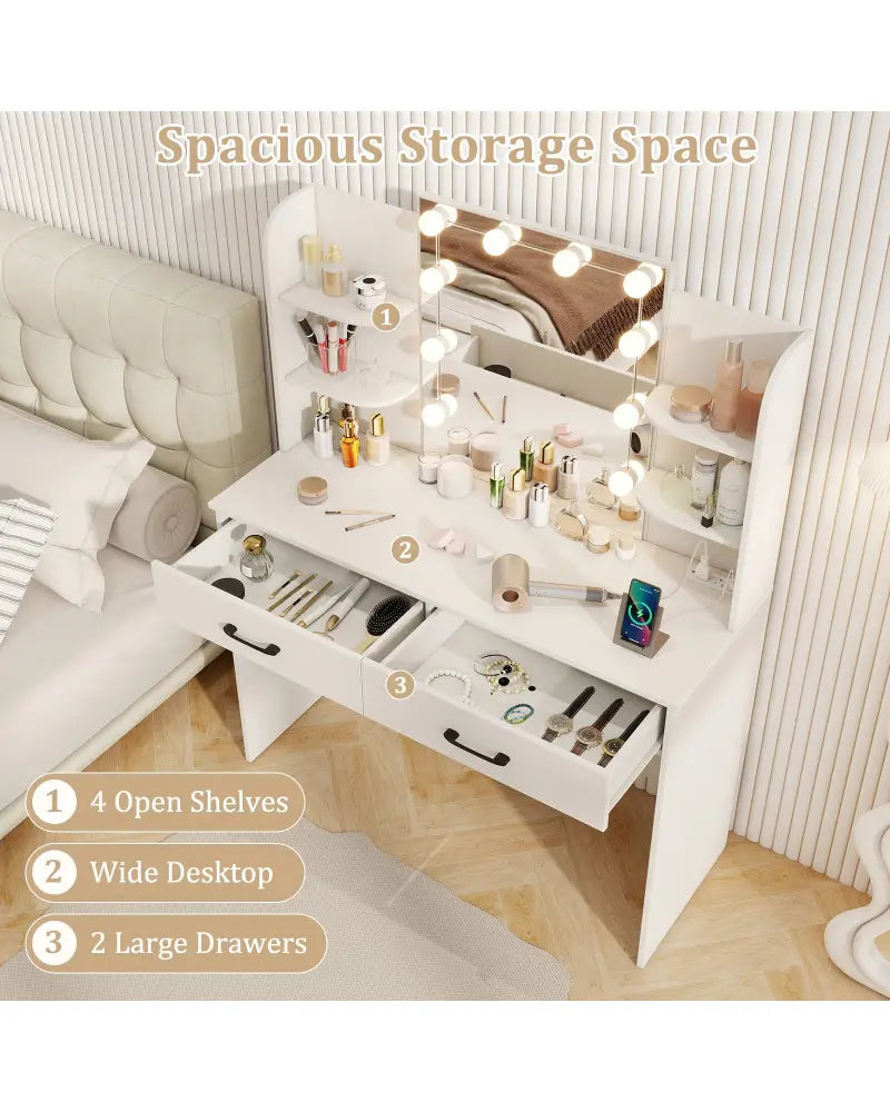 Vanity Set with Lighted Mirror and Stool with Power Outlet-White - White - Makeup Vanities