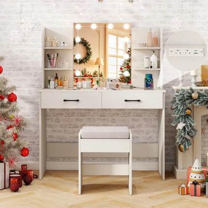 Vanity Set with Lighted Mirror and Stool with Power Outlet-White - White - Makeup Vanities