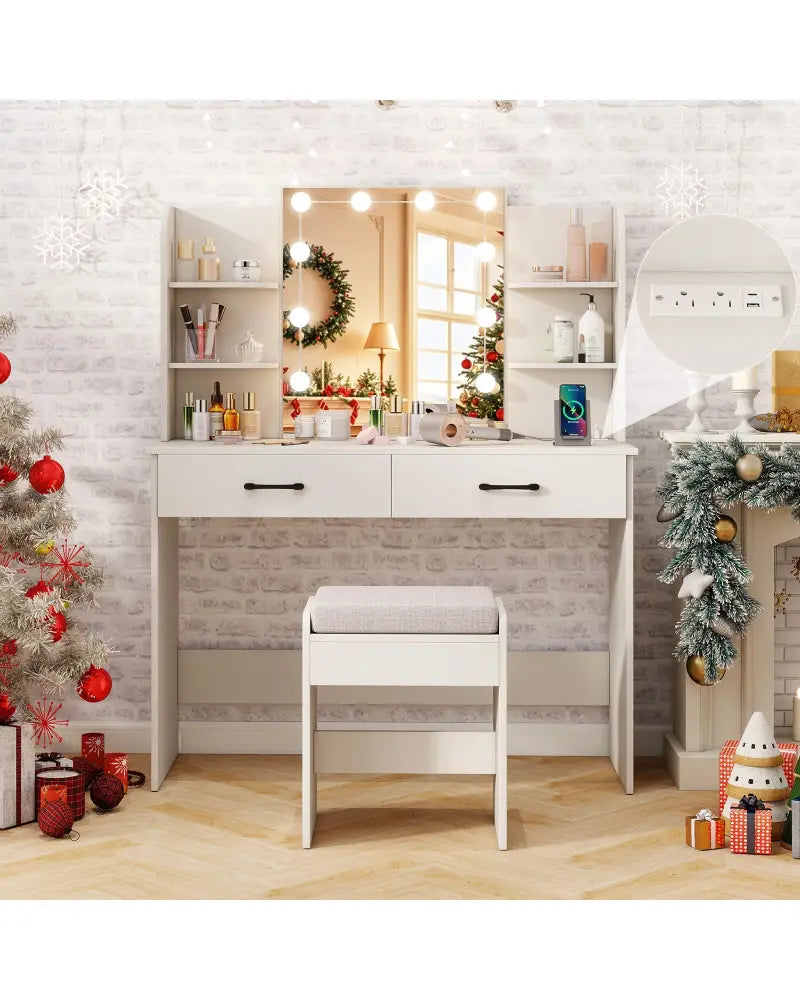Vanity Set with Lighted Mirror and Stool with Power Outlet-White - White - Makeup Vanities