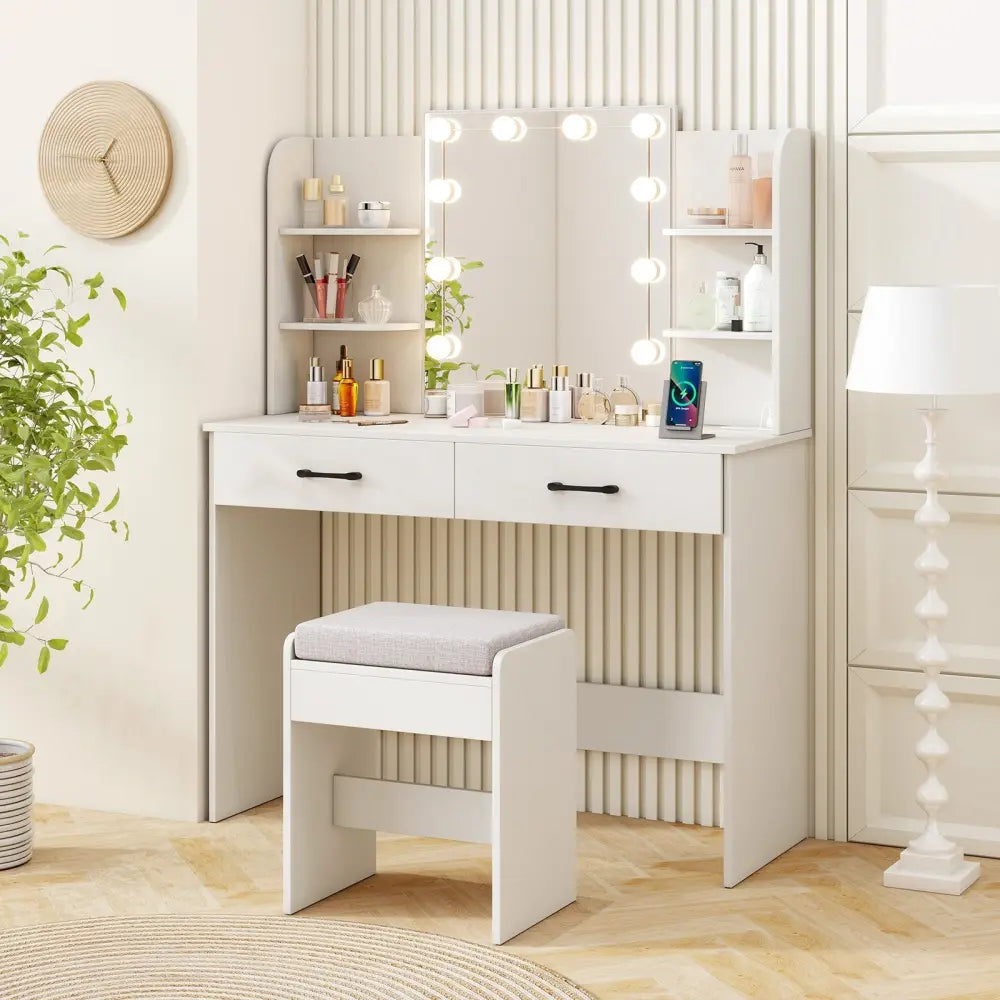 Vanity Set with Lighted Mirror and Stool with Power Outlet-White - White - Makeup Vanities