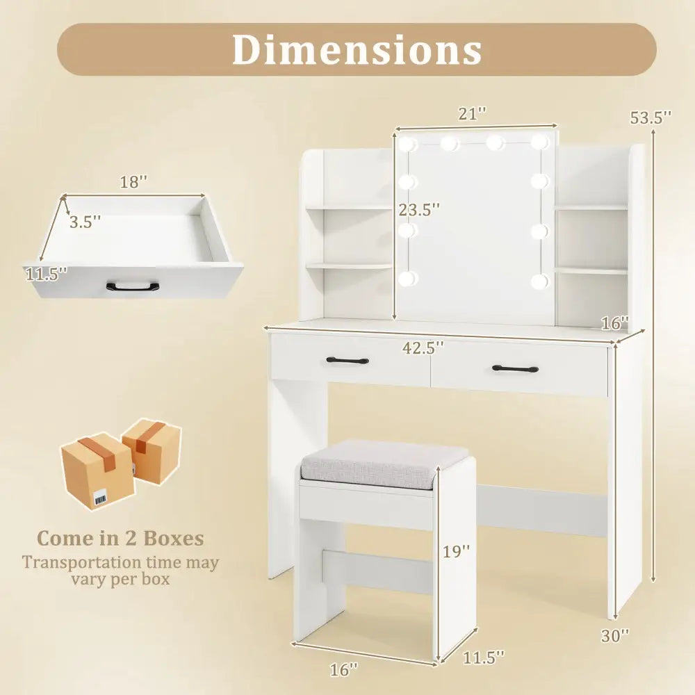Vanity Set with Lighted Mirror and Stool with Power Outlet-White - White - Makeup Vanities