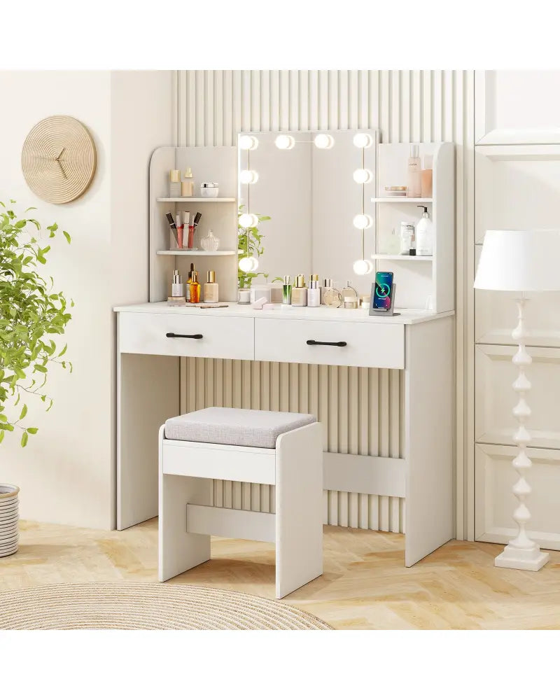 Vanity Set with Lighted Mirror and Stool with Power Outlet-White - White - Makeup Vanities