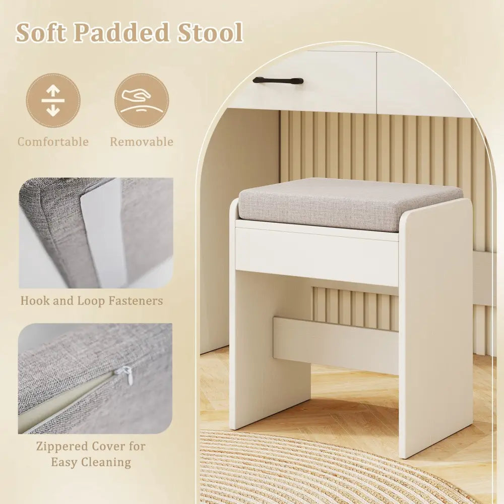 Vanity Set with Lighted Mirror and Stool with Power Outlet-White - White - Makeup Vanities