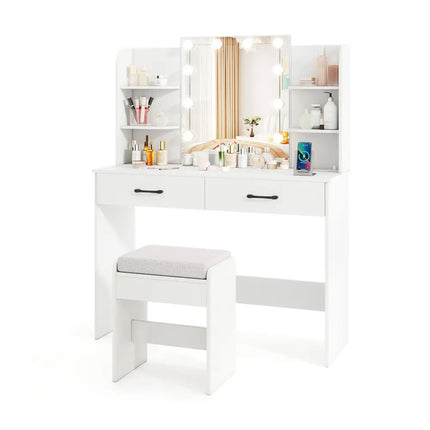 Vanity Set with Lighted Mirror and Stool with Power Outlet-White - White - Makeup Vanities