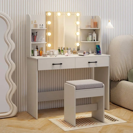 Vanity Set with Lighted Mirror and Stool with Power Outlet-White - White - Makeup Vanities